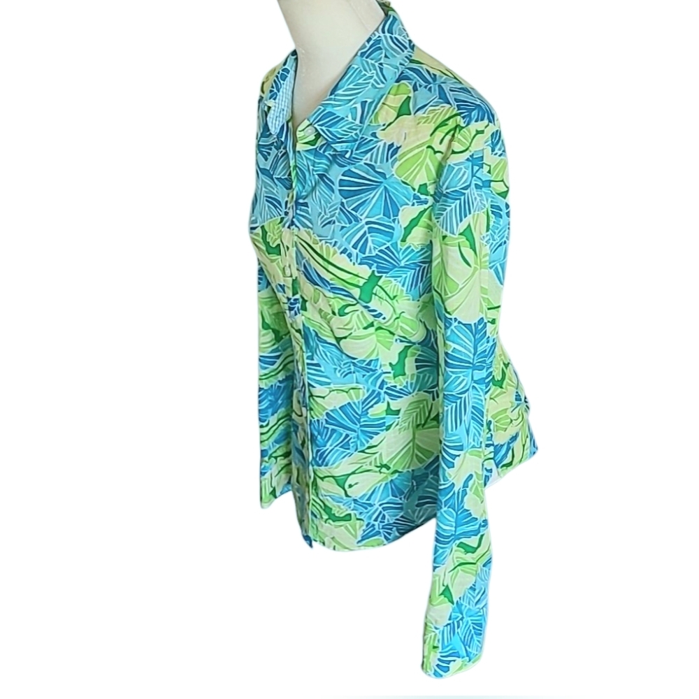 Lilly Pulitzer | Jonni Turquoise Cotton Button Down Top Gator Alley Print 4 - Picture 5 of 8